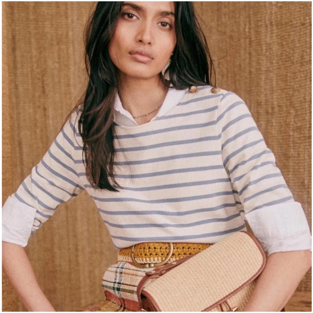 SÉZANE Colette Marinière Stripe Blouse, Vintage Blue/Ecru, XL